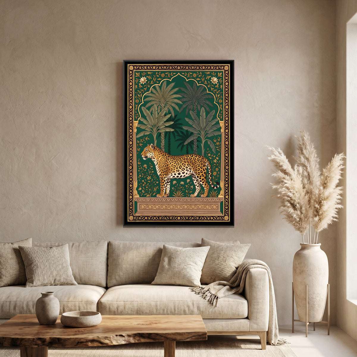 Leopard under a Palm Arch in Deep Emerald - canvas art shown in a styled room