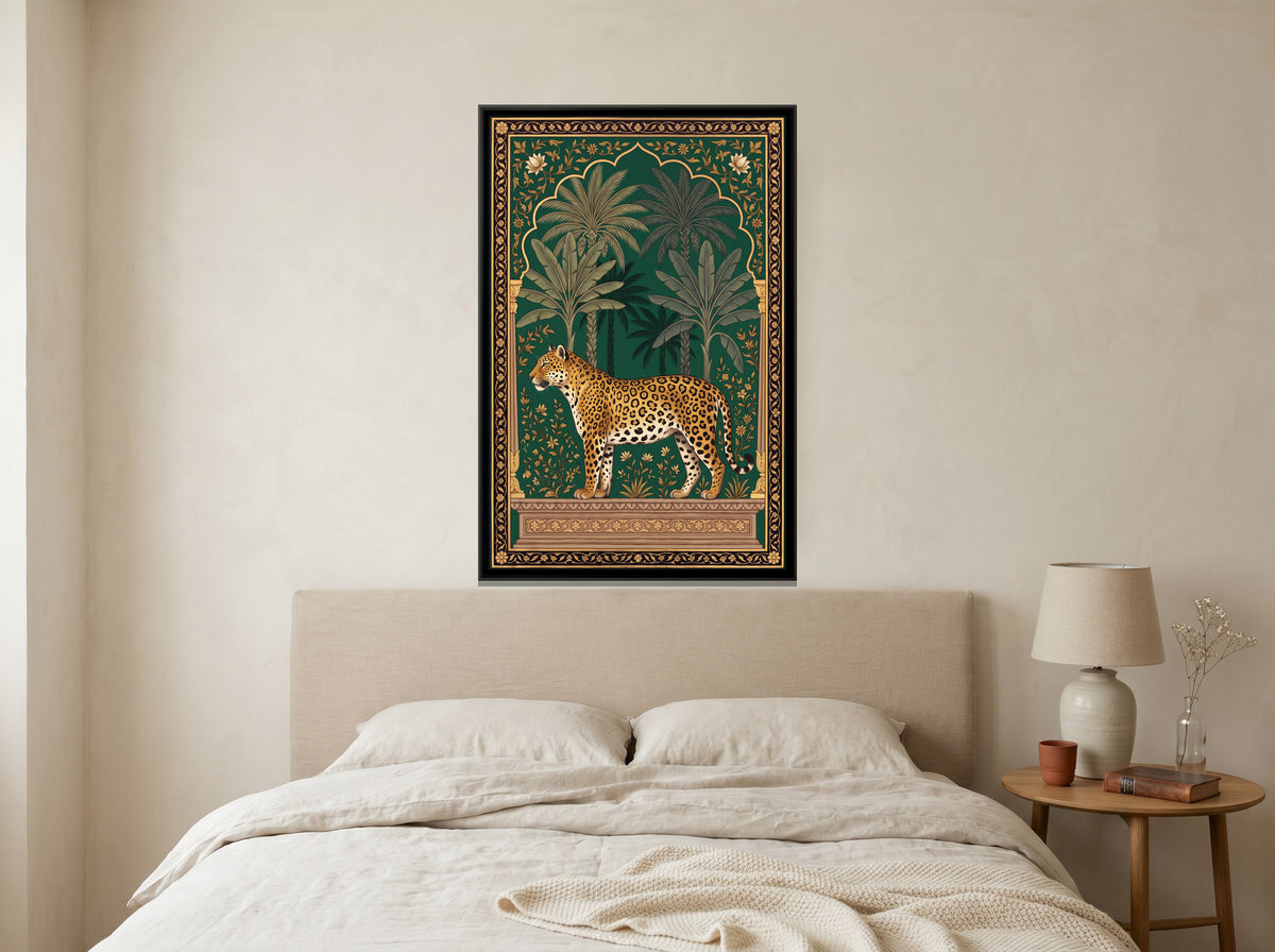 Leopard under a Palm Arch in Deep Emerald - canvas art shown in a second room setting