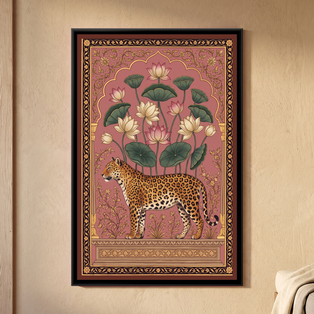 Leopard under a Lotus Arch in Dusty Rose - framed canvas art hung on a wall