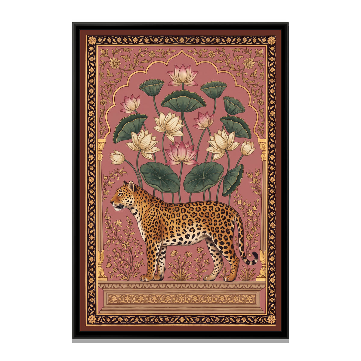 Leopard under a Lotus Arch in Dusty Rose - framed canvas print, front view