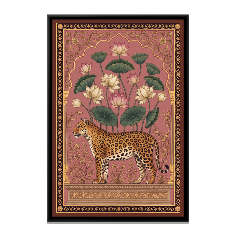 Leopard under a Lotus Arch in Dusty Rose - framed canvas print, front view