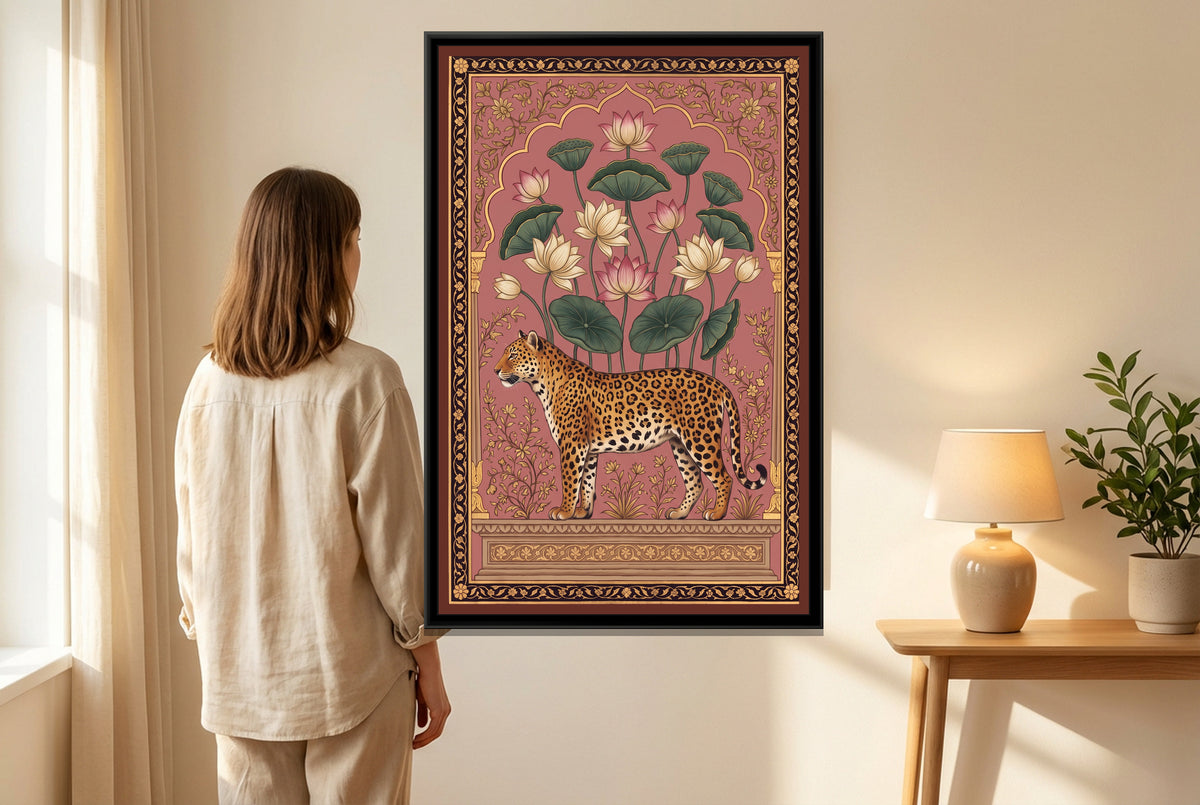 Leopard under a Lotus Arch in Dusty Rose - canvas art shown in a styled room