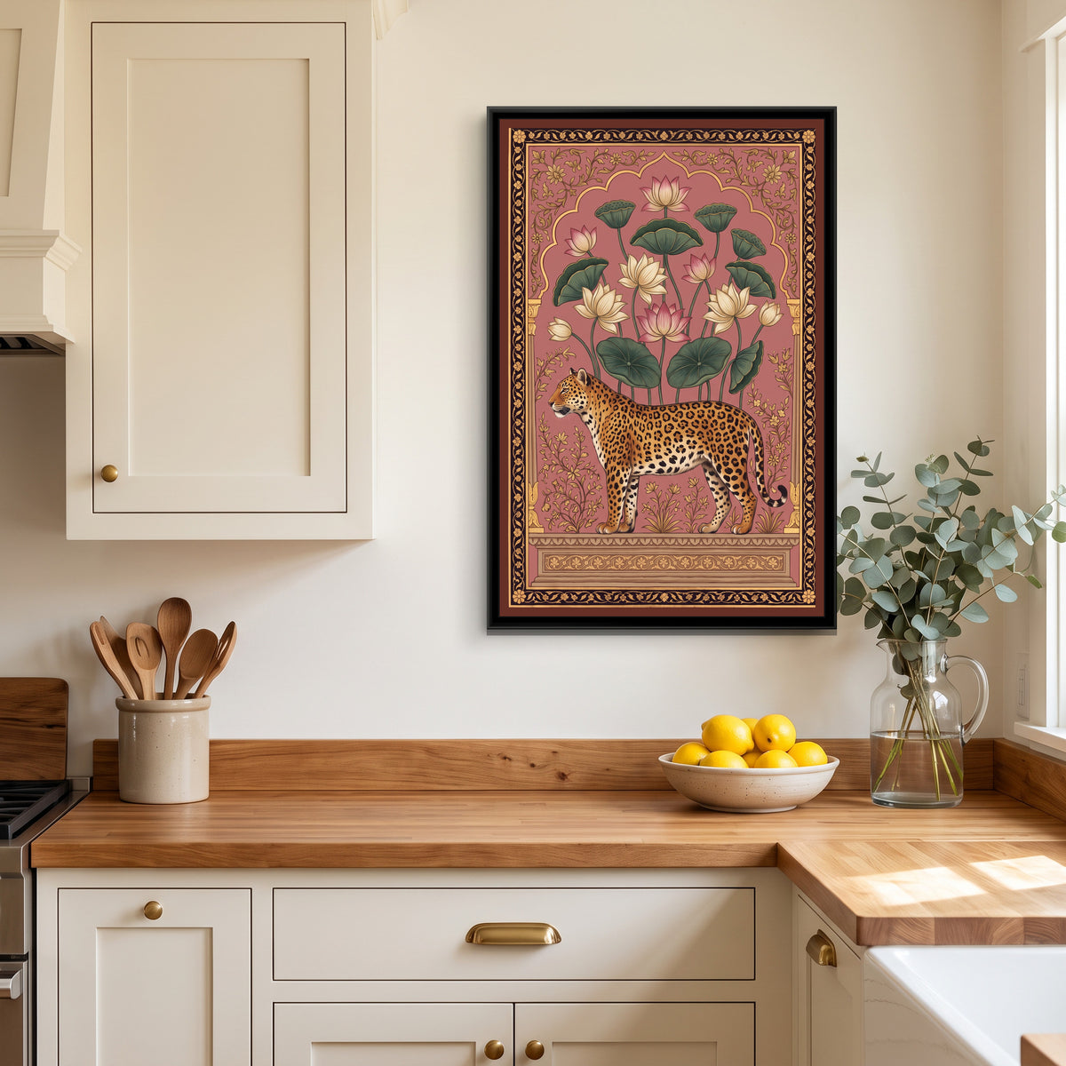 Leopard under a Lotus Arch in Dusty Rose - canvas art shown in a second room setting