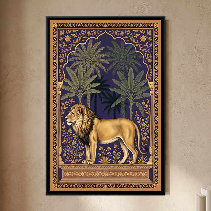 Lion under a Palm Arch in Deep Indigo - framed canvas art hung on a wall