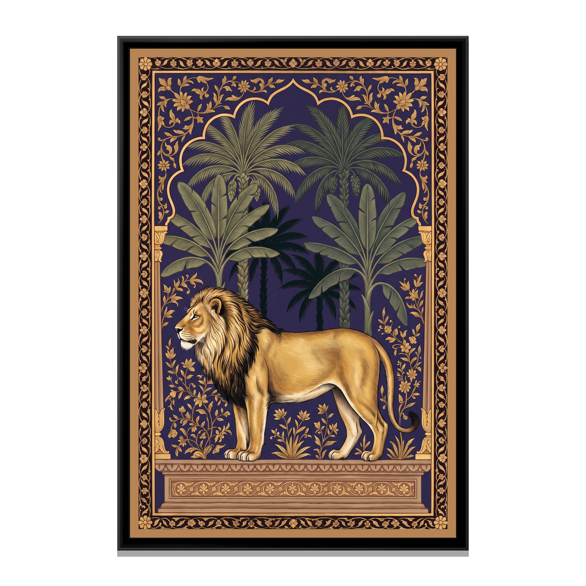 Lion under a Palm Arch in Deep Indigo - framed canvas print, front view