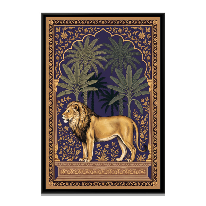 Lion under a Palm Arch in Deep Indigo - framed canvas print, front view