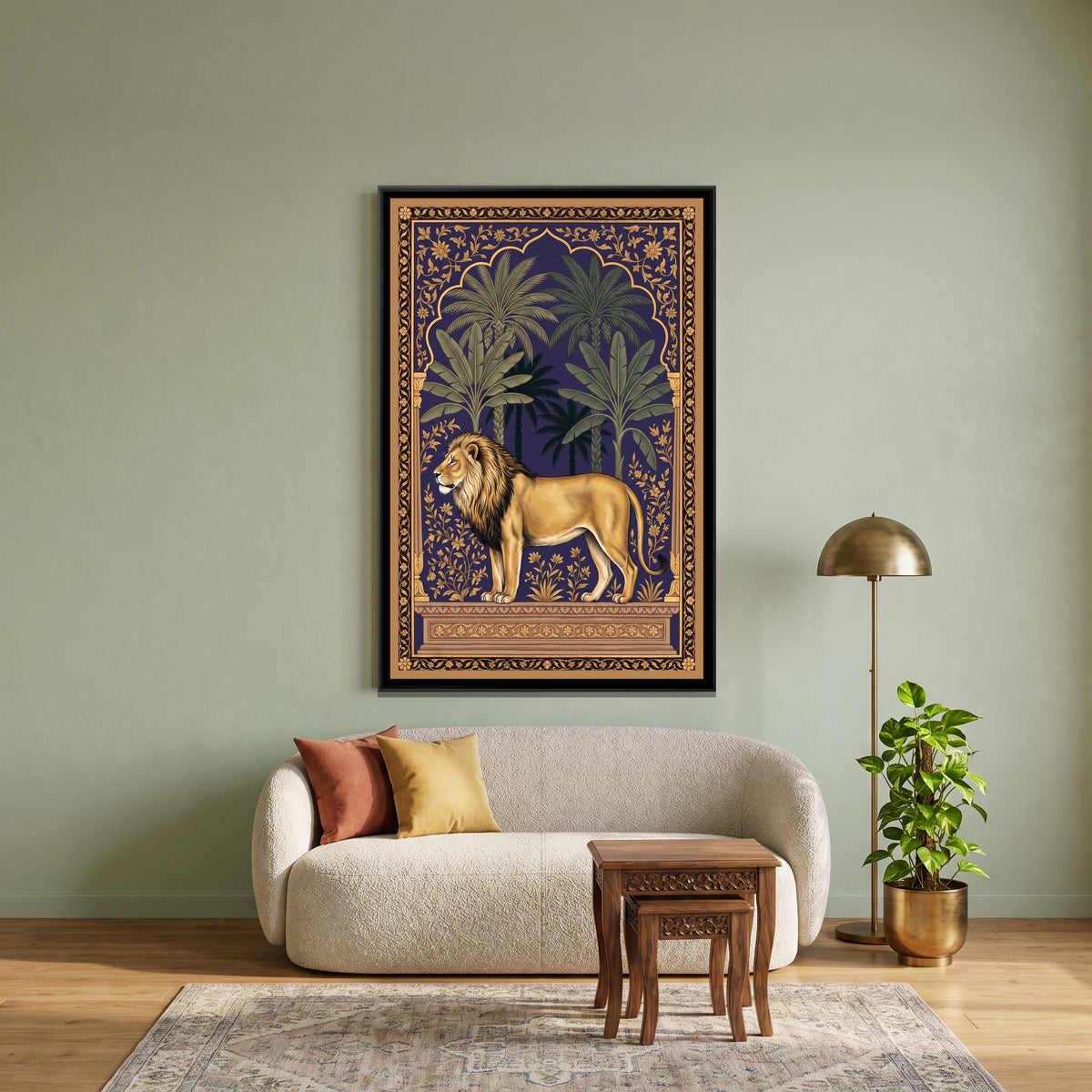 Lion under a Palm Arch in Deep Indigo - canvas art shown in a styled room