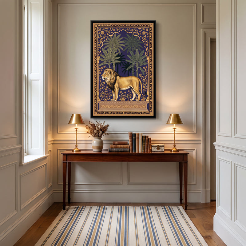 Lion under a Palm Arch in Deep Indigo - canvas art shown in a second room setting