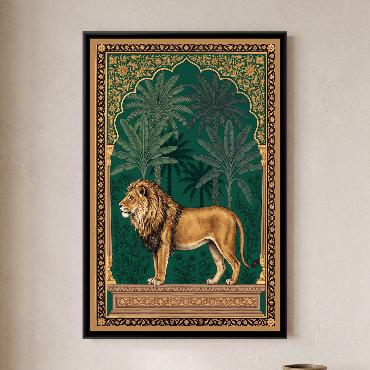 Lion under a Palm Arch in Deep Emerald - framed canvas art hung on a wall