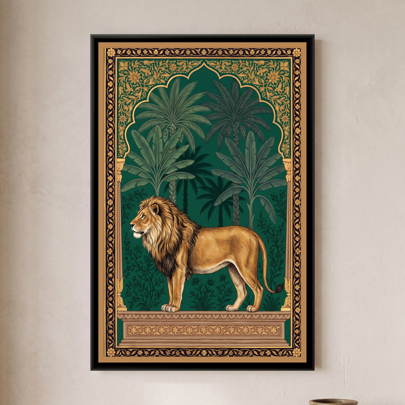 Lion under a Palm Arch in Deep Emerald - framed canvas art hung on a wall