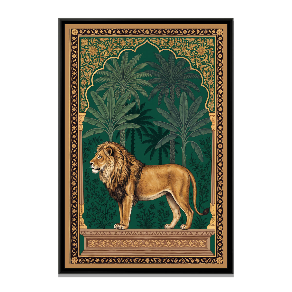 Lion under a Palm Arch in Deep Emerald - framed canvas print, front view