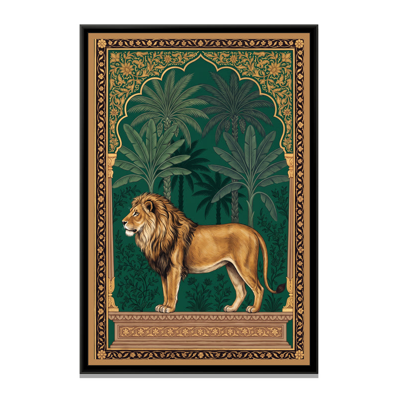 Lion under a Palm Arch in Deep Emerald - framed canvas print, front view