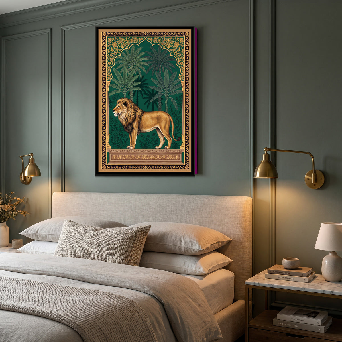 Lion under a Palm Arch in Deep Emerald - canvas art shown in a second room setting