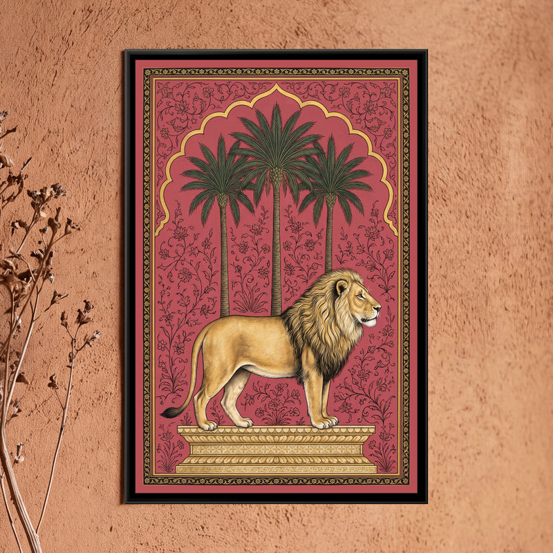 Lion under a Palm Arch in Dusty Rose - framed canvas art hung on a wall