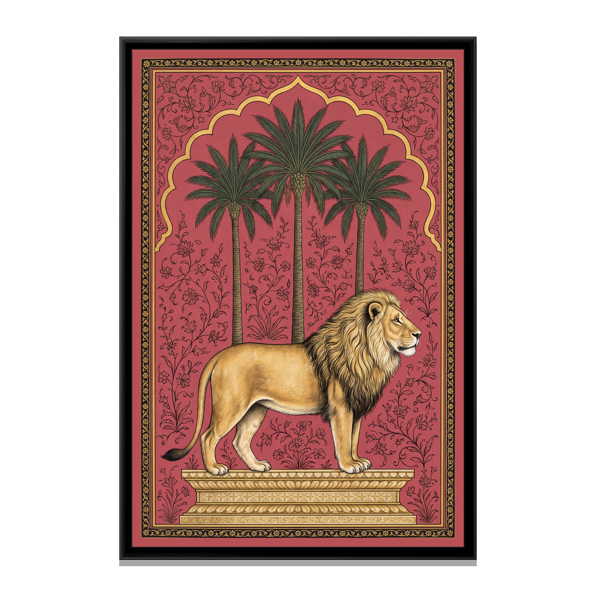 Lion under a Palm Arch in Dusty Rose - framed canvas print, front view