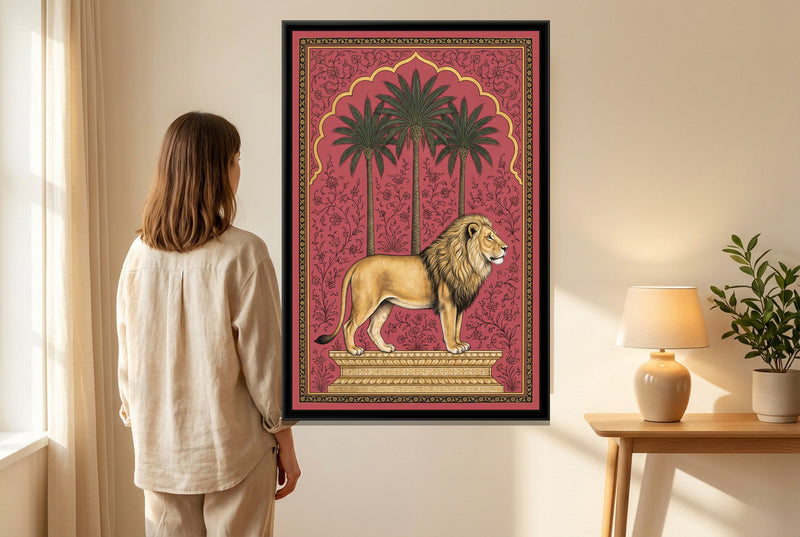 Lion under a Palm Arch in Dusty Rose - canvas art shown in a styled room