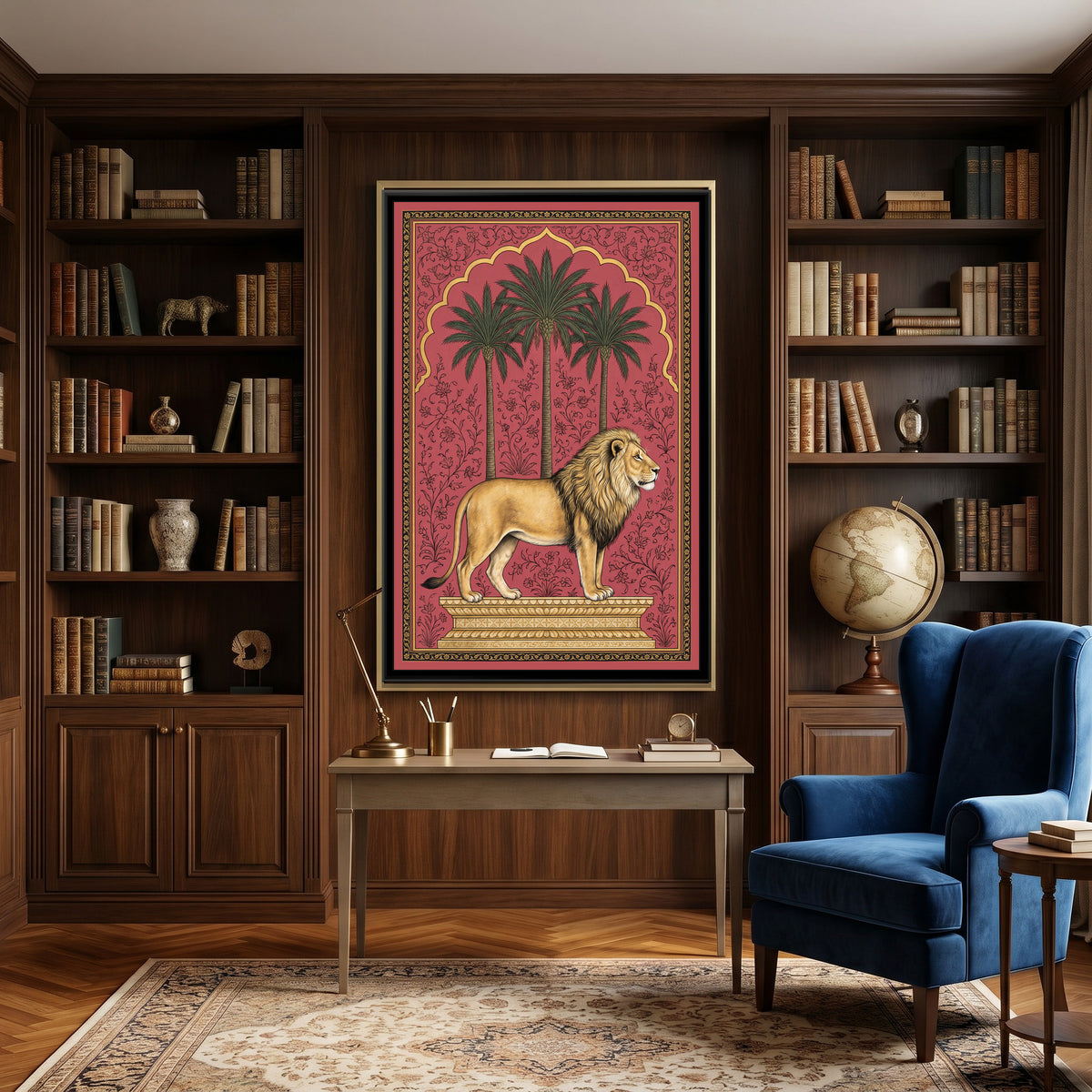 Lion under a Palm Arch in Dusty Rose - canvas art shown in a second room setting