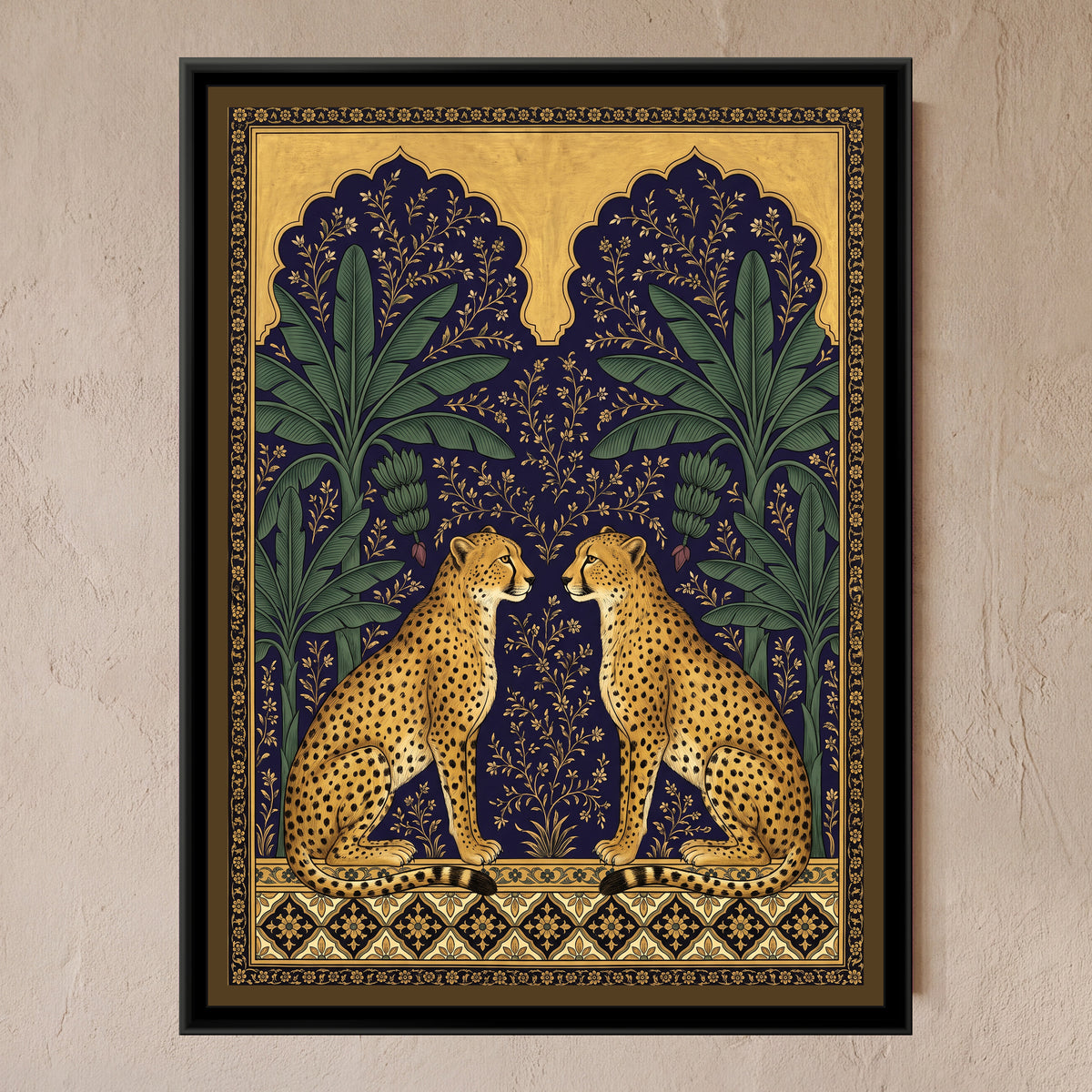 Pair of Cheetahs under Twin Arches in Deep Indigo - framed canvas art hung on a wall