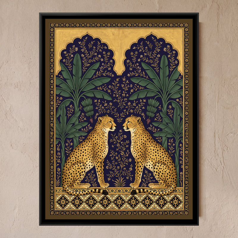 Pair of Cheetahs under Twin Arches in Deep Indigo - framed canvas art hung on a wall