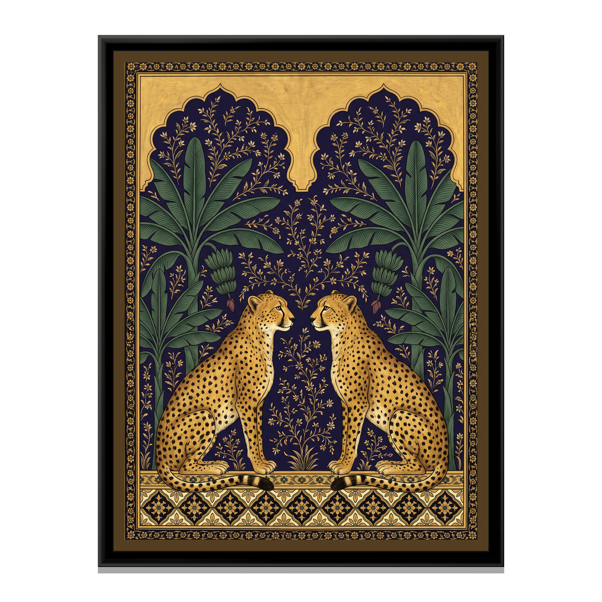 Pair of Cheetahs under Twin Arches in Deep Indigo - framed canvas print, front view
