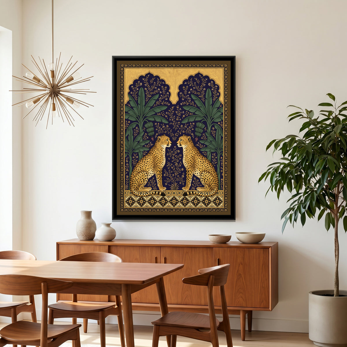 Pair of Cheetahs under Twin Arches in Deep Indigo - canvas art shown in a styled room