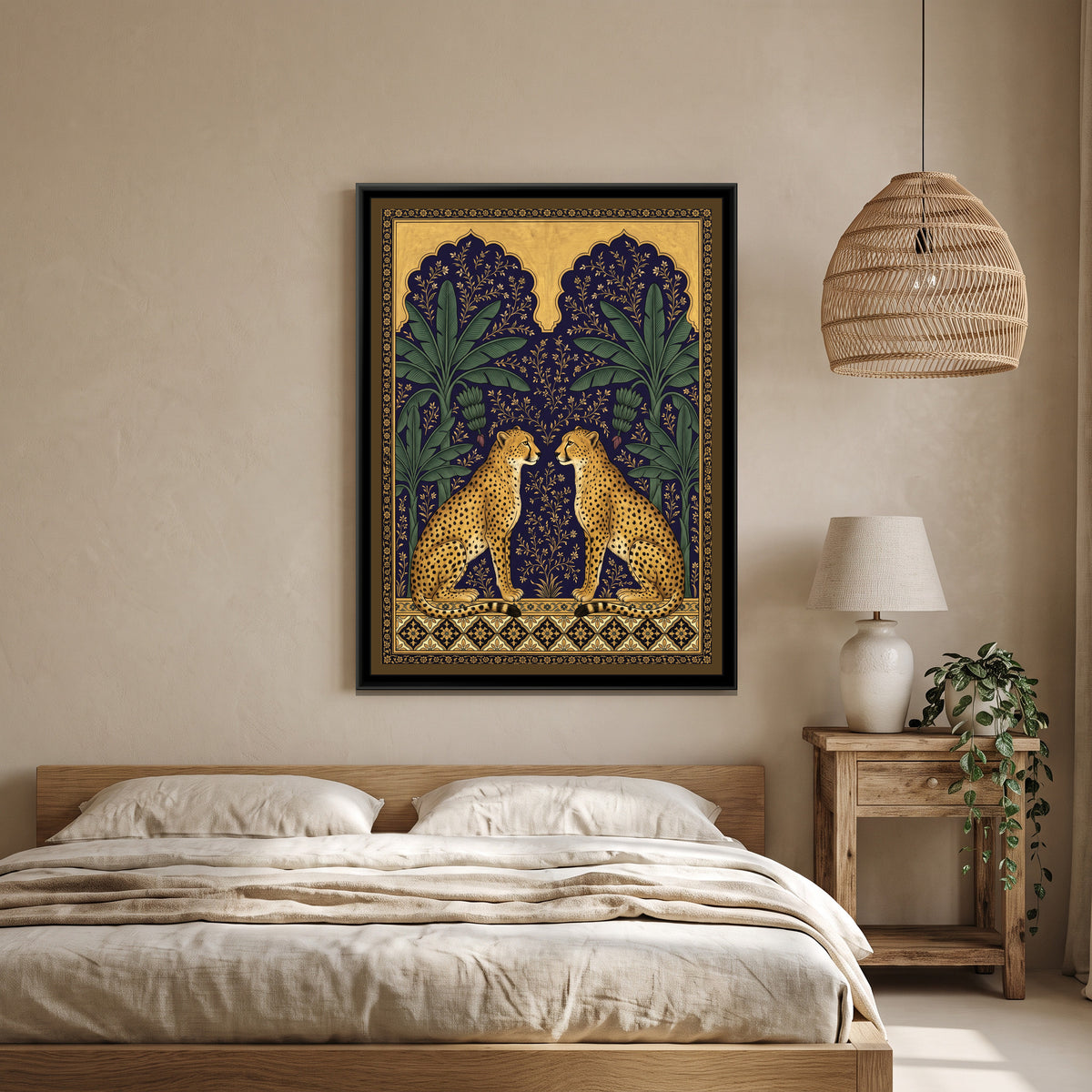 Pair of Cheetahs under Twin Arches in Deep Indigo - canvas art shown in a second room setting