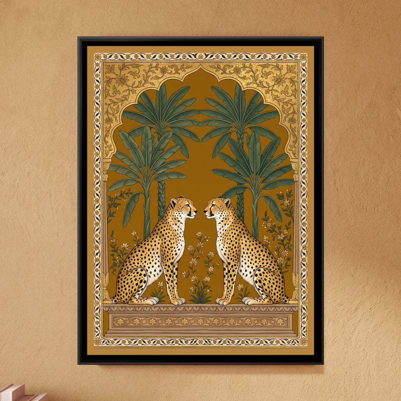 Pair of Cheetahs under a Mughal Arch in Warm Ochre - framed canvas art hung on a wall