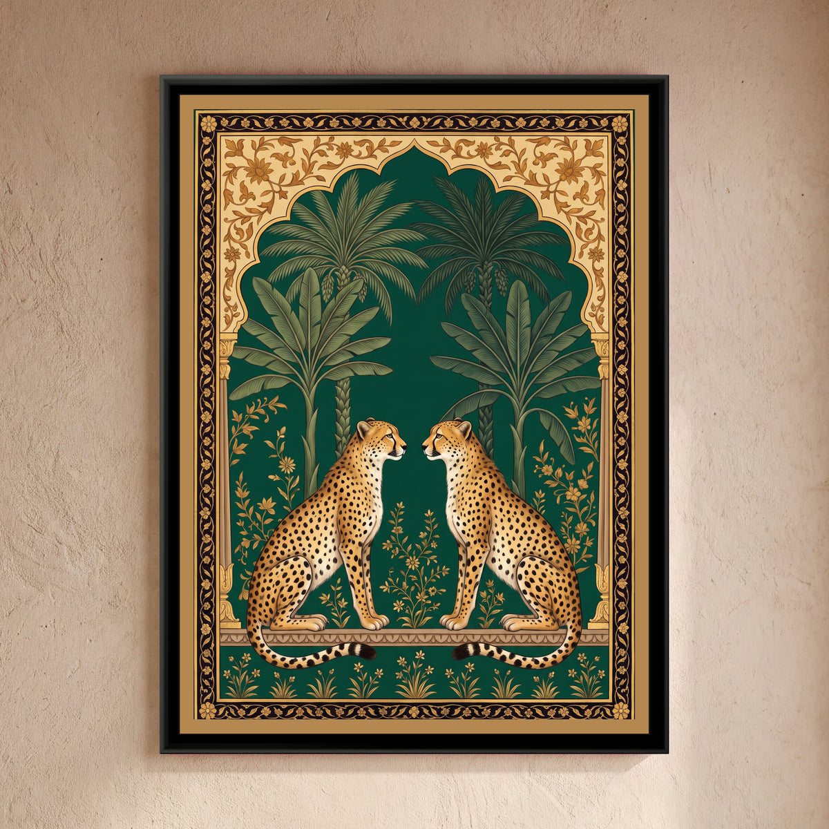 Pair of Cheetahs under a Mughal Arch in Deep Emerald - framed canvas art hung on a wall