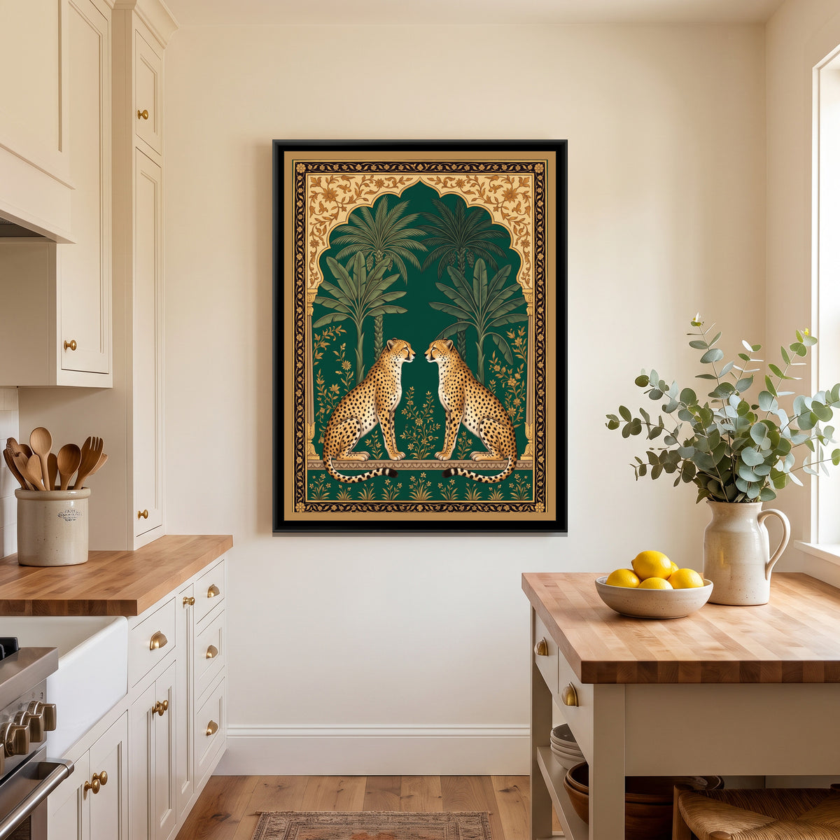 Pair of Cheetahs under a Mughal Arch in Deep Emerald - canvas art shown in a styled room