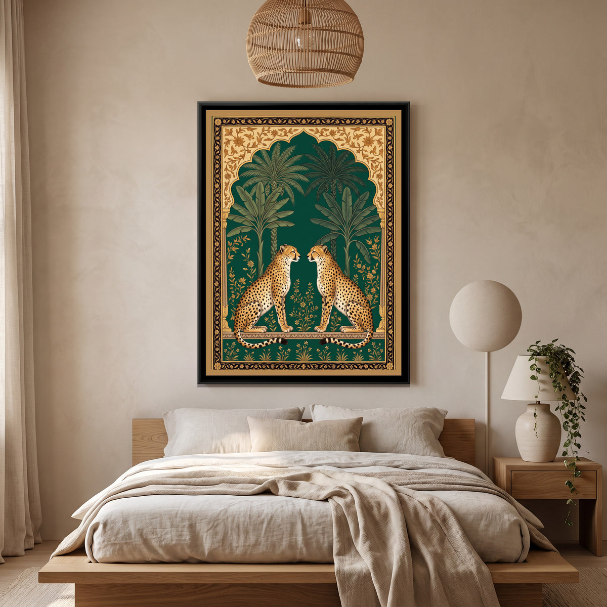 Pair of Cheetahs under a Mughal Arch in Deep Emerald - canvas art shown in a second room setting