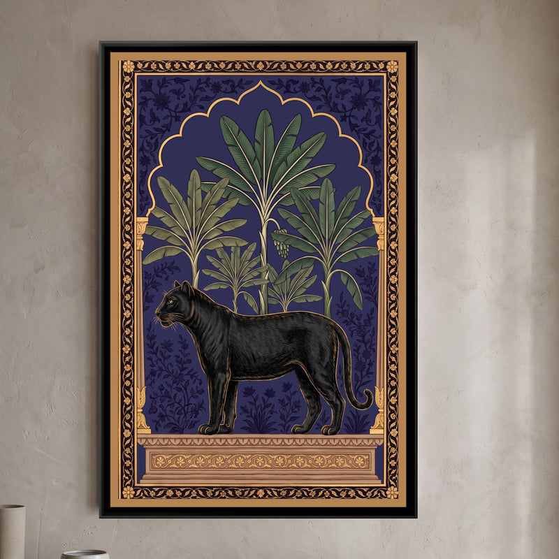 Black Panther under a Banana-Leaf Arch in Deep Indigo - framed canvas art hung on a wall