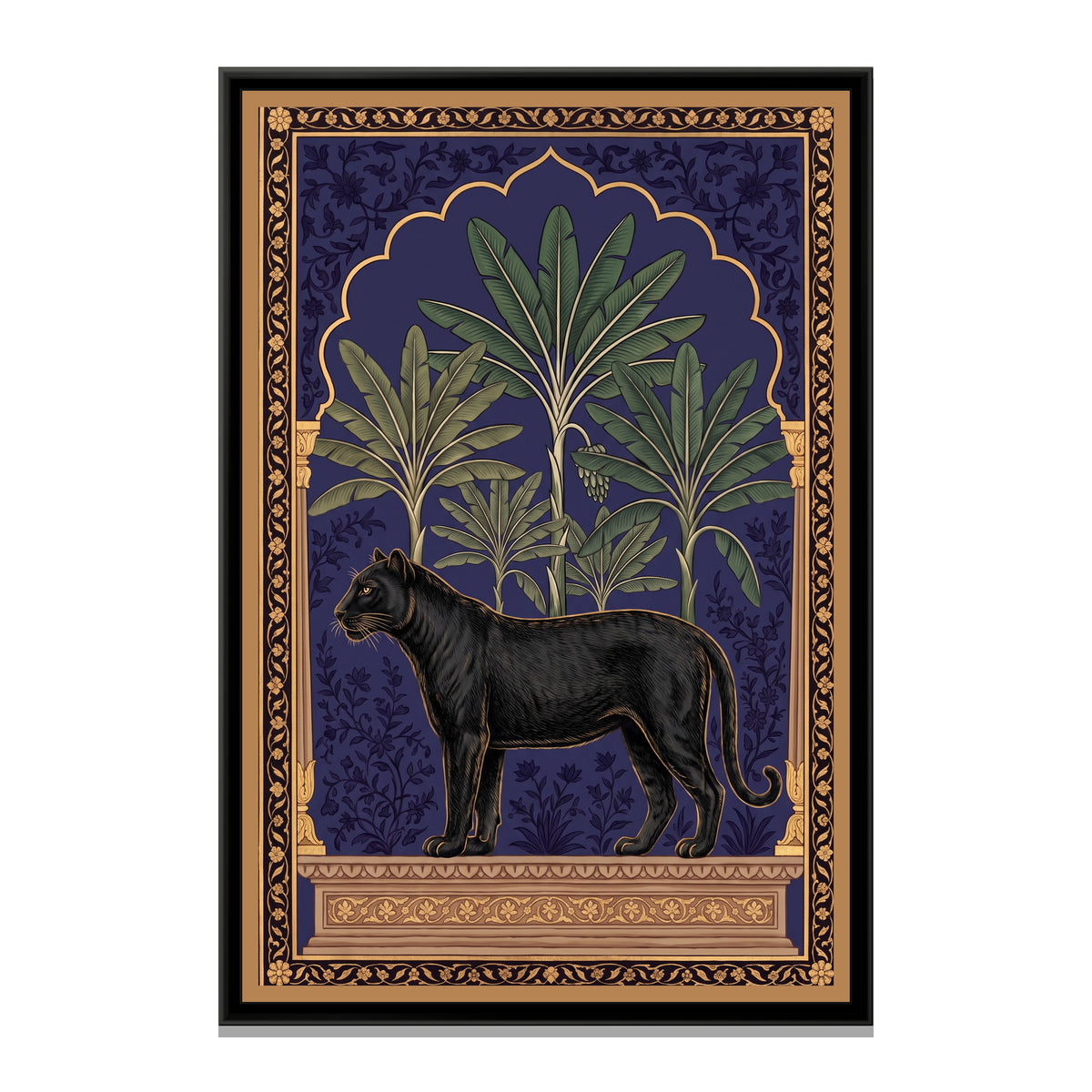 Black Panther under a Banana-Leaf Arch in Deep Indigo - framed canvas print, front view
