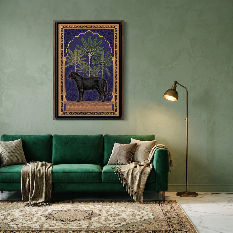 Black Panther under a Banana-Leaf Arch in Deep Indigo - canvas art shown in a styled room