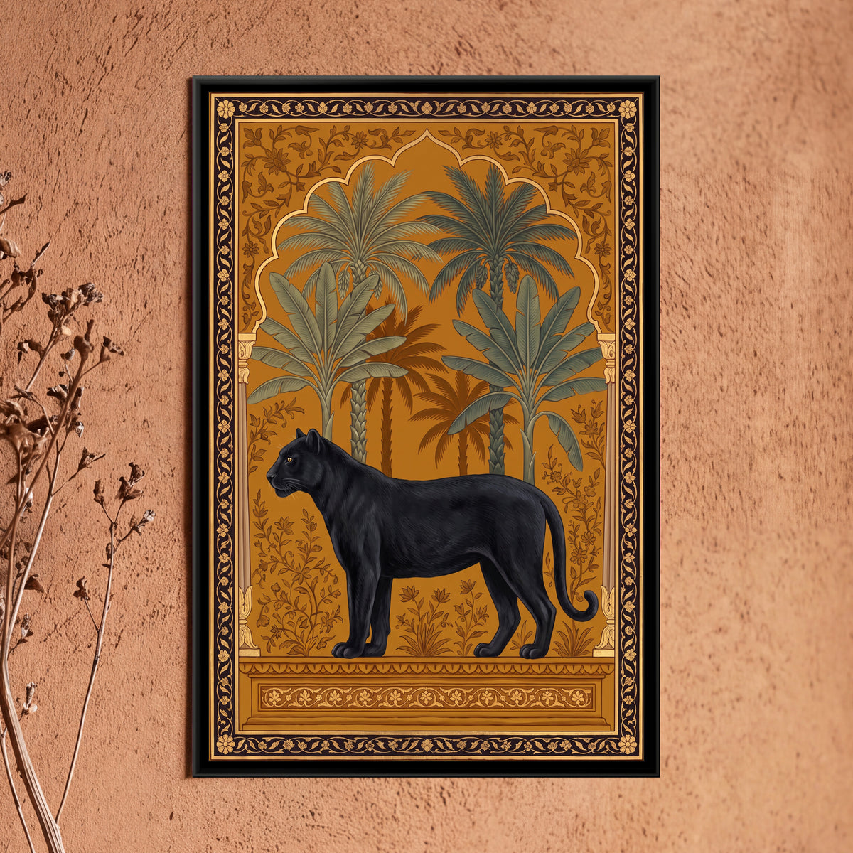 Black Panther under a Banana-Leaf Arch in Warm Ochre - framed canvas art hung on a wall
