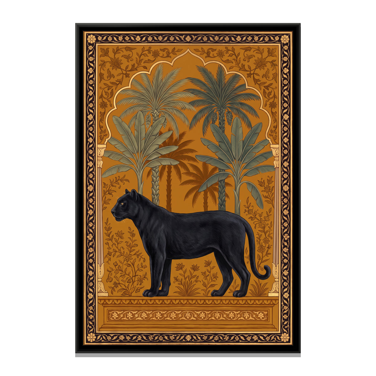 Black Panther under a Banana-Leaf Arch in Warm Ochre - framed canvas print, front view