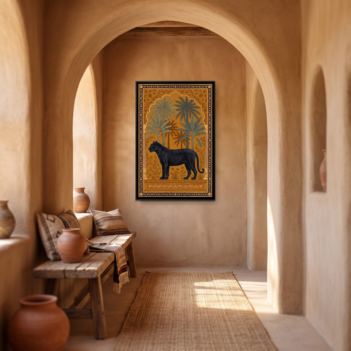 Black Panther under a Banana-Leaf Arch in Warm Ochre - canvas art shown in a styled room