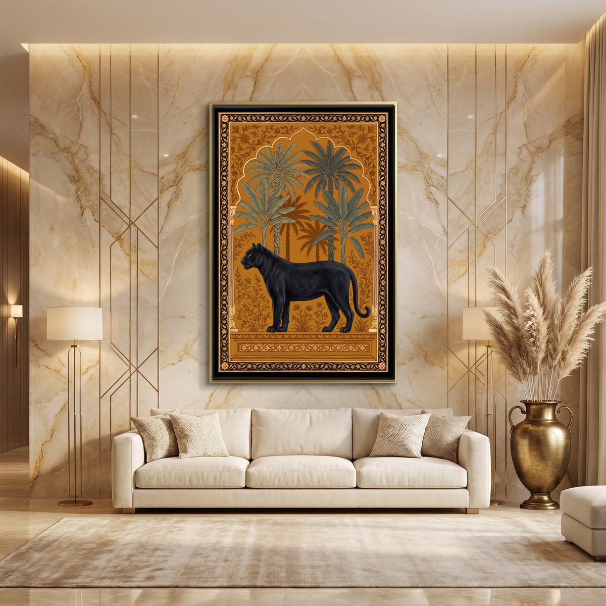 Black Panther under a Banana-Leaf Arch in Warm Ochre - canvas art shown in a second room setting