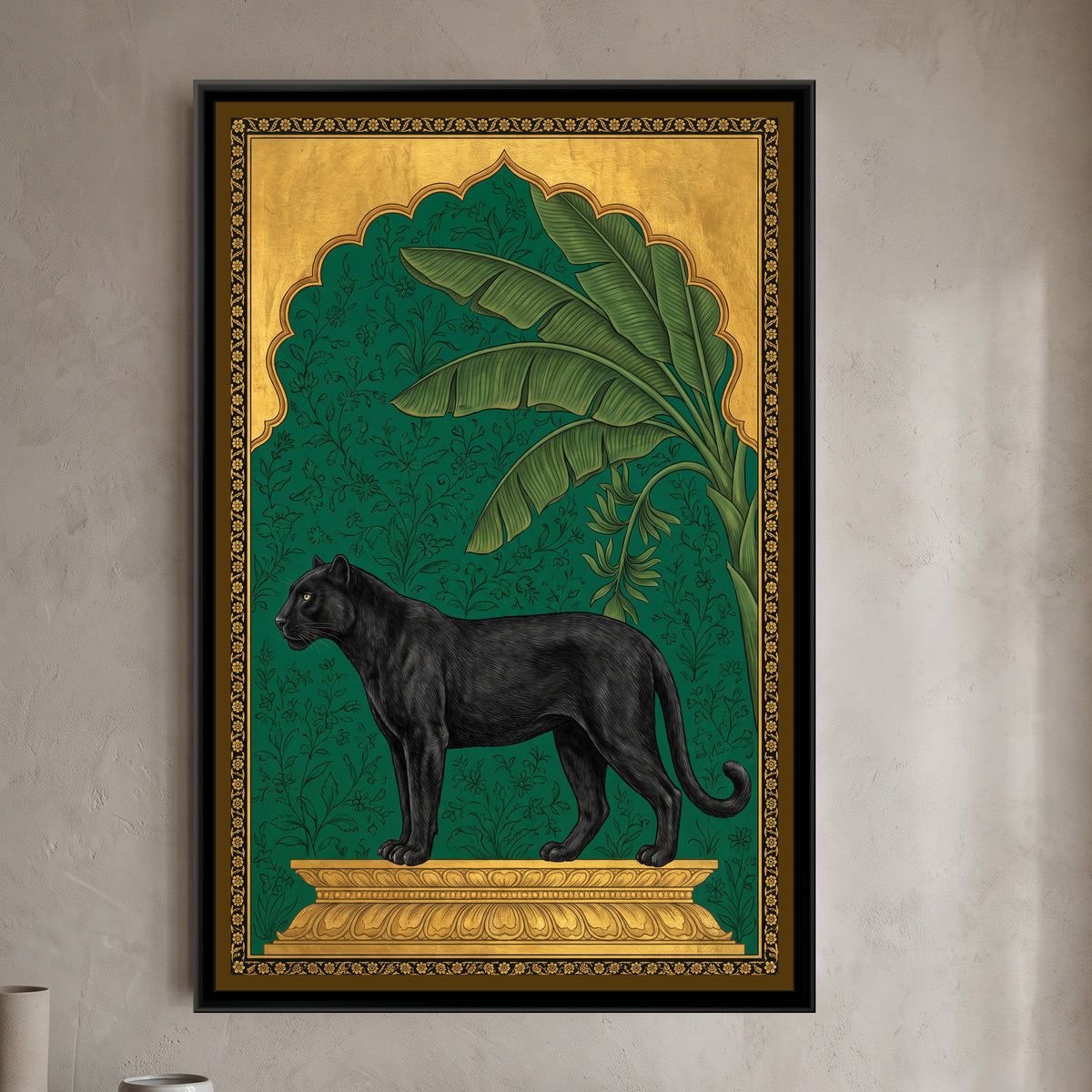 Black Panther under a Banana-Leaf Arch in Deep Emerald - framed canvas art hung on a wall