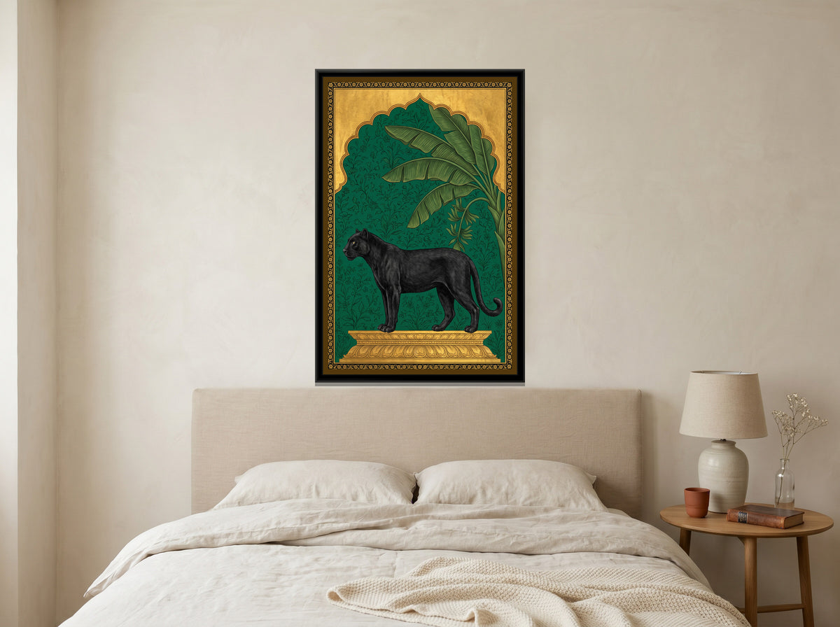 Black Panther under a Banana-Leaf Arch in Deep Emerald - canvas art shown in a second room setting