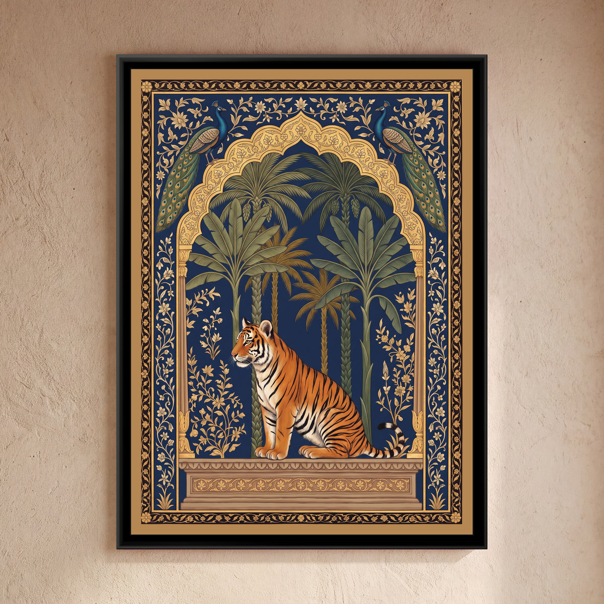 Tiger and Peacocks under a Mughal Arch in Deep Indigo - framed canvas art hung on a wall