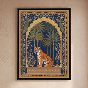 View 1 of Tiger and Peacocks under a Mughal Arch in Deep Indigo