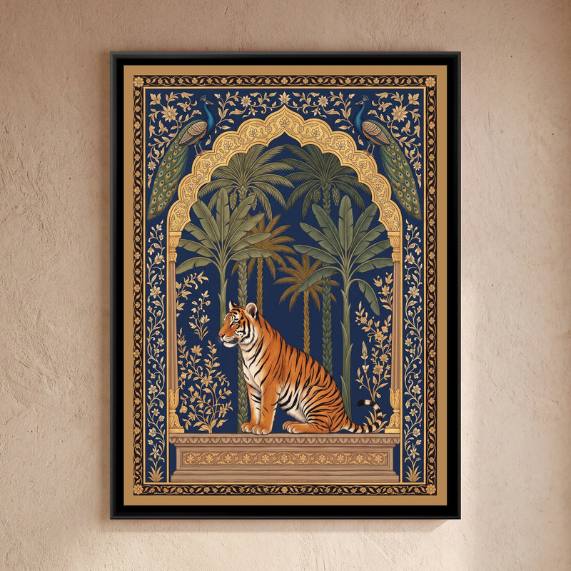 Tiger and Peacocks under a Mughal Arch in Deep Indigo - framed canvas art hung on a wall
