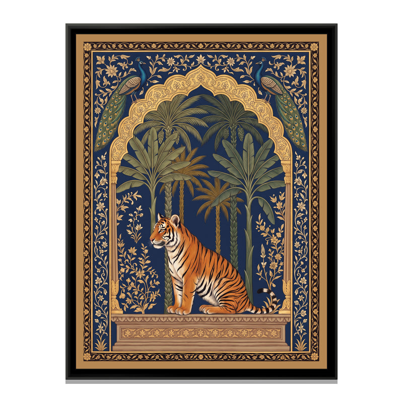 Tiger and Peacocks under a Mughal Arch in Deep Indigo - framed canvas print, front view