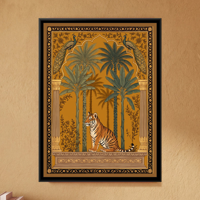 Tiger Cub and Peacocks under a Mughal Arch in Warm Ochre - framed canvas art hung on a wall