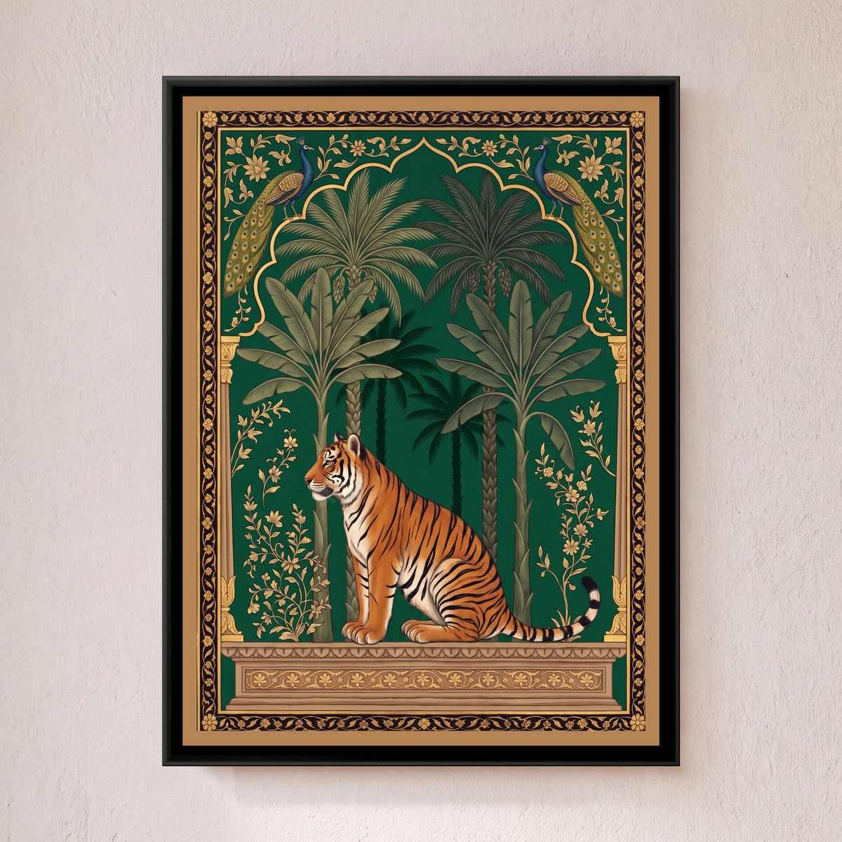 Tiger and Peacocks under a Mughal Arch in Deep Emerald - framed canvas art hung on a wall
