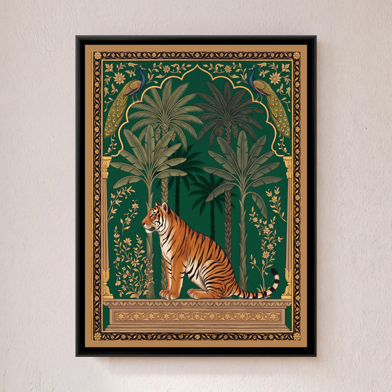 Tiger and Peacocks under a Mughal Arch in Deep Emerald - framed canvas art hung on a wall