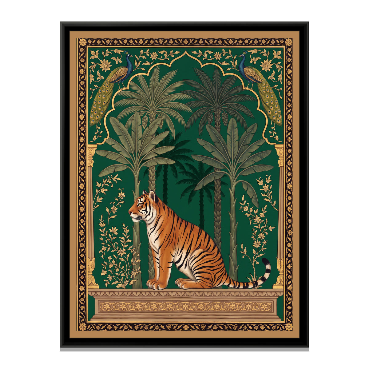 Tiger and Peacocks under a Mughal Arch in Deep Emerald - framed canvas print, front view