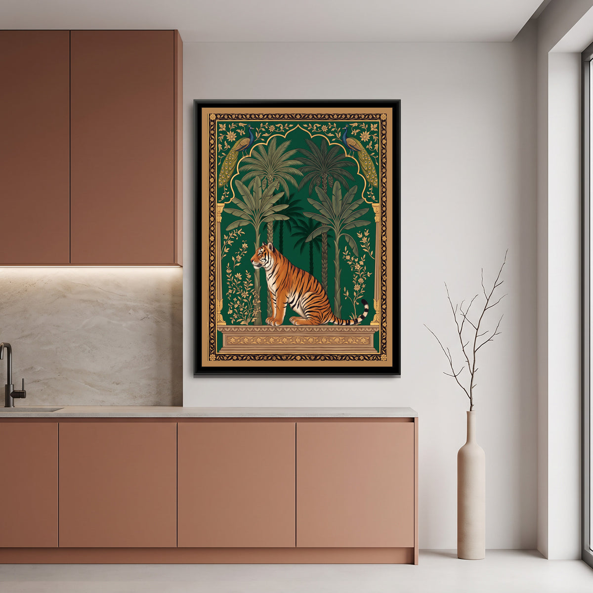 Tiger and Peacocks under a Mughal Arch in Deep Emerald - canvas art shown in a second room setting