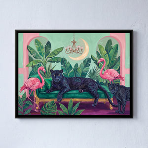 View 1 of Black Panthers and Flamingos on an Emerald Sofa