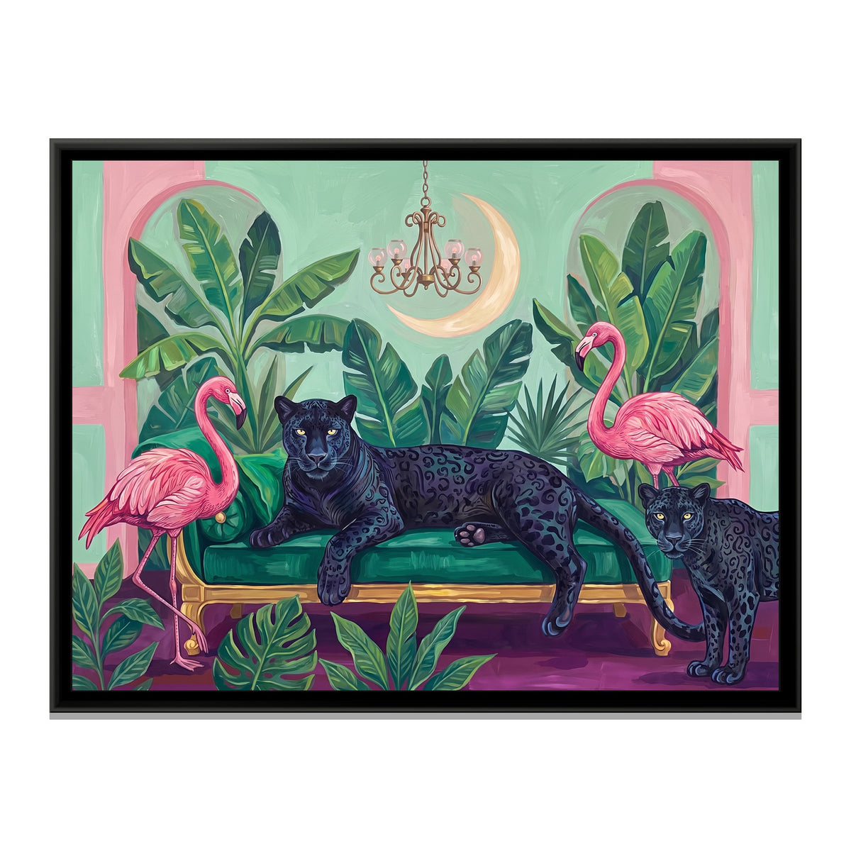 Black Panthers and Flamingos on an Emerald Sofa - framed canvas print, front view